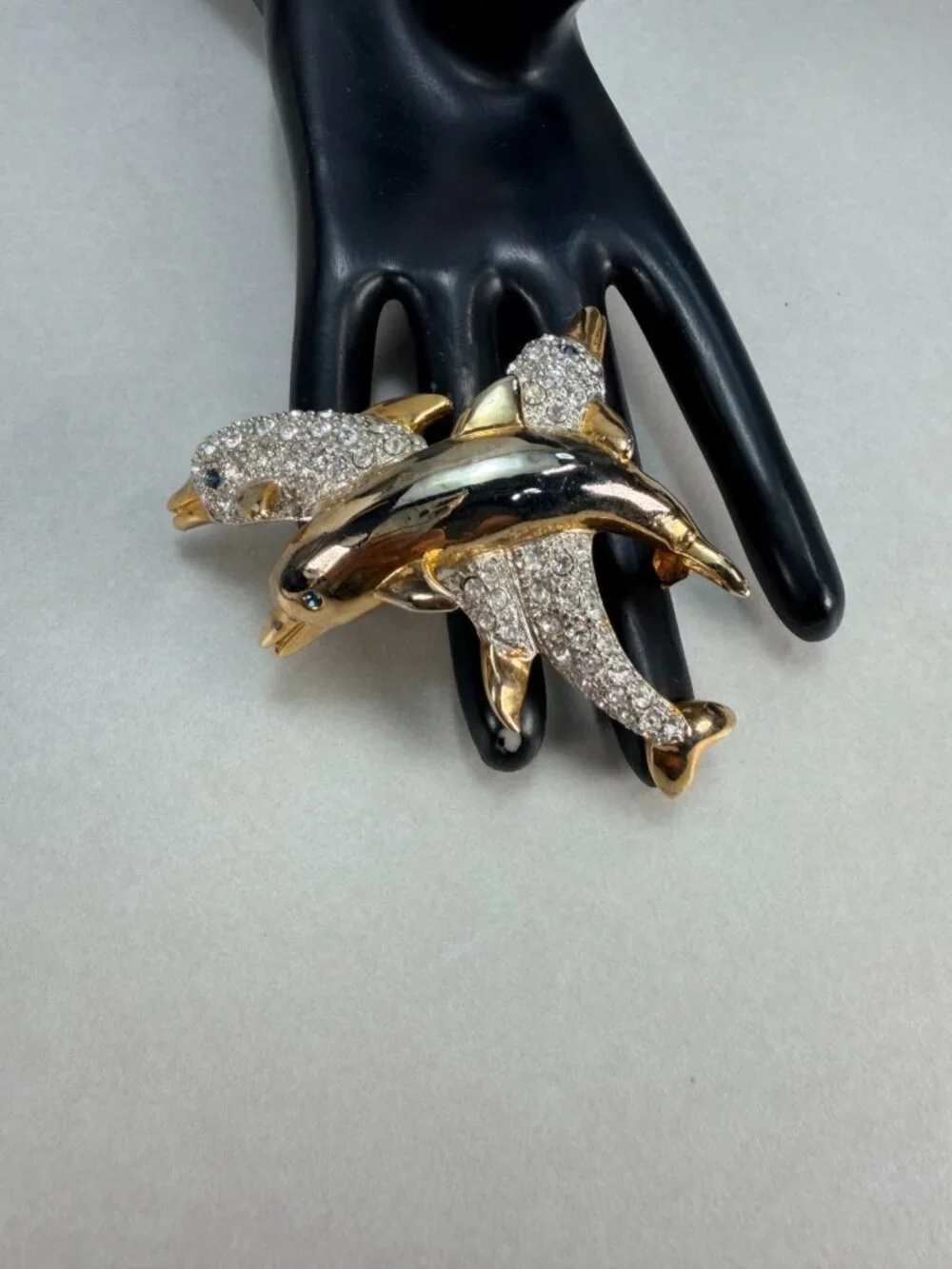 Vintage Dolphin Brooch Rhinestone Gold Tone Double Dolphin Ocean Figural Pin
